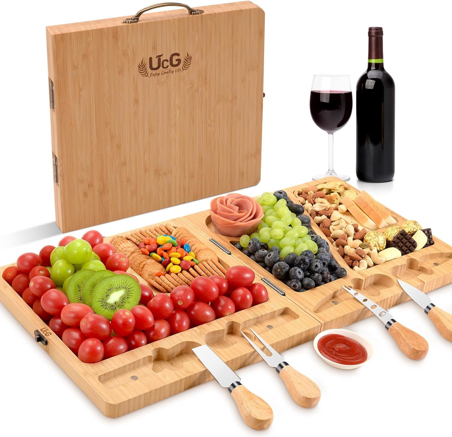 Bamboo Charcuterie Board Set - Large Folding Cheese Board, 22.8 X 11.4 I... - $37.97