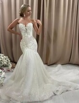 White Bare Shoulders Strapless Organza Sequin Lace Mermaid Princess Wedd... - $382.95