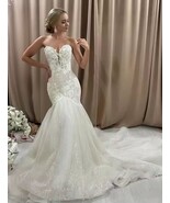 White Bare Shoulder Strapless Organza Glitter Lace Mermaid Princess Wedding Gown - $382.95