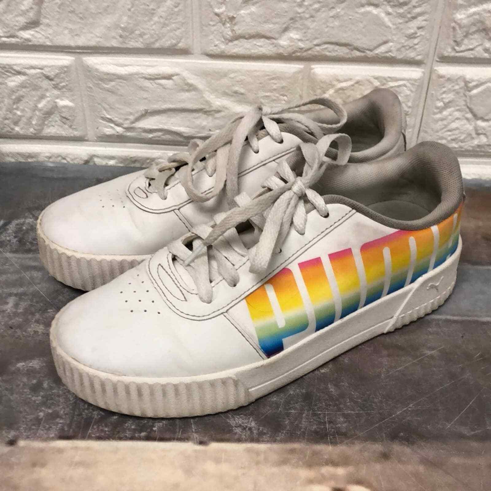 Primary image for Puma Carina Soft Foam Rainbow Letters Pride Sneakers Kids sz 6.5 White Low Top