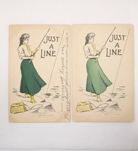 1909 Woman Fishing Just A Line Postcards Vintage UDB - $12.59