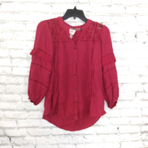 Knox Rose Top Womens Small Red 3/4 Sleeve Button Front V Neck Lace Boho Peasant - £18.83 GBP