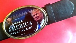 Trump Epoxy Belt Buckle - Make America Great Again &amp; Black Bonded Leather Belt - £18.58 GBP
