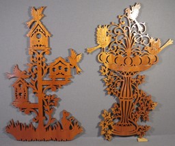 Wood Carvings Handmade Lathe Cut Outs Birds Houses &amp; Birdbath 11.5 x 7&quot; ... - $17.77