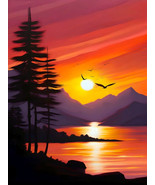 Sunset Lake Mountains Trees Birds Orange Minimalist Painting Poster Art ... - €23,15 EUR