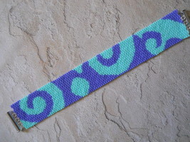 Bracelet: Turquoise &amp; Purple Tribal Motif, Peyote Stitch, Tube Clasp - £31.27 GBP