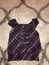 Guess Ruffle Front Button Up Banded Ted, Blue, White &amp; Black Plaid Sheer... - $4.99
