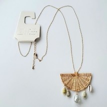 A New Day Long Gold Tone Beige Wicker Fan Charm w Dangling Faux Stone Necklace - £7.59 GBP