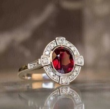 14k White Gold Plated 3Ct Oval Simulated Red Garnet Engagement Halo Women&#39;s Ring - £55.55 GBP