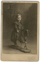 Circa 1890&#39;S Rare Cabinet Card Adorable Little Child Toy Horse Keim Brooklyn Ny - £25.62 GBP