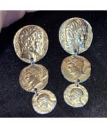 Vintage 1990s 18k Gold Brushed Silver Grecian Greek Coin Dangle Earrings - £290.37 GBP