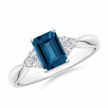 ANGARA Emerald-Cut London Blue Topaz Ring with Trio Diamonds in 14K Gold - £718.70 GBP