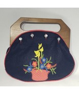 VTG Jeannie Bouchever Wood Handles Bermuda Bag Floral Embroidery Applique  - £20.23 GBP