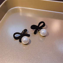 Black Nylon &amp; Pearl Bow Drop Earrings - £2.40 GBP