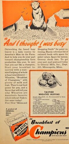 1943 WHEATIES&quot;Breakfast of Champions&quot;Muffins-General Mills Vintage Print... - $12.82