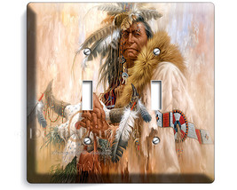 Native American old indian chief with feathers double light switch wall plate co - £12.63 GBP