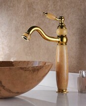 New Jade stone yellow single hole gold Bathroom Sink Faucet Vessel tall Tap - $198.09