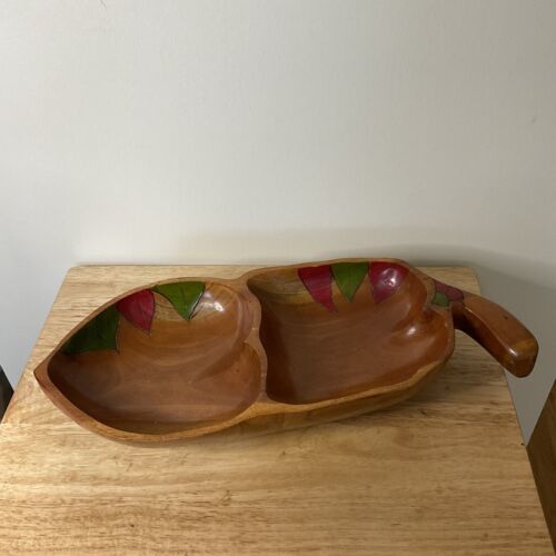 Primary image for Hand Painted Carved (2) Compartment Wood Serving Bowl  Boho Nut Shape