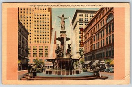 Postcard Tyler Davidson Fountain Square Looking West Cincinnati Ohio OH Linen - £3.99 GBP