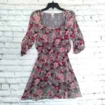 Bongo Dress Womens Small Gray Floral Roll Tab Sleeve Elastic Waist Scoop... - £14.34 GBP