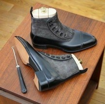 Handmade Men Two Tone Leather &amp; Suede Button Boot, Black &amp; Gray Ankle High Boots - £111.12 GBP+