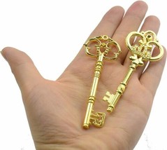 2 Large Key Pendants Gold Skeleton Keys Santa Keys Christmas 3 Inches Big  - $9.65