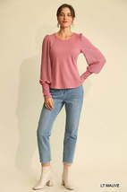 Light Mauve Solid Round Neck Knit And Chiffon Mixed Long Sleeve Puff Top - £15.22 GBP