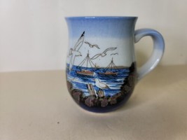 Seaside Mug with Gulls and Boats Rocky Blues Vintage 4&quot; - £12.46 GBP