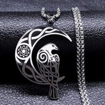 Wiccan Norse Raven Crescent Moon Amulet Necklace - £10.77 GBP