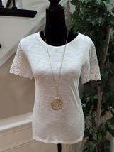 Michael Kors Women&#39;s Off White Lace Round Neck Short Sleeve Top Blouse Medium - £25.03 GBP