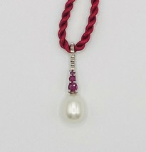 925 Silver Pendant Burma Ruby Faux Pearl Red Cord Rope Necklace 17&quot; Valentine - £58.13 GBP