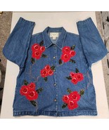 Vintage Tantrums Denim Jean Jacket Red Floral Embroidered Button Front L... - $22.00