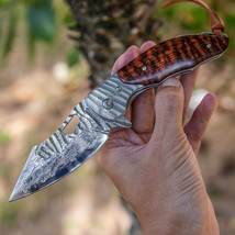 Pocket Folding Knife VG10 Damascus Steel Blade Snakewood Handle Leather Sheath - £110.06 GBP