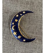 Vintage Blue Enamel Crescent Moon Gold Tone Rhinestone Celestial Stars B... - £20.24 GBP