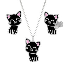 Cat Jewelry Set 925 Silver Stud Earrings &amp; Necklace - £22.55 GBP