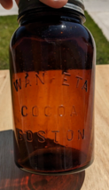 Antique Amber Glass Jar WAN-ETA COCOA BOSTON Embossed - £22.10 GBP