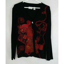 Chico&#39;s Traveler&#39;s Black One Button Cardigan Shirt W/ Red Fuzzy Embroidery Sz 0 - £9.91 GBP