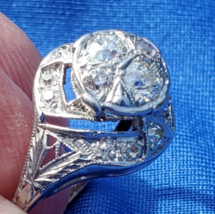 Earth mined Diamond Deco Engagement Ring Antique Platinum Filigree Statement 7.5 - $5,315.25
