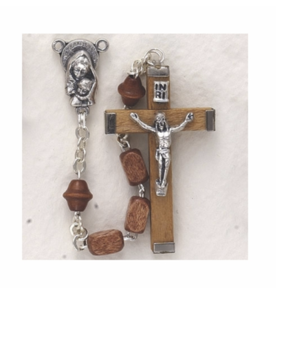 Primary image for SQUARE LIGHT WOOD BEADS MADONNA WITH BABY CENTER ROSARY CROSS CRUCIFIX