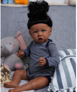 Reborn 20 Inches Brown Skin Blue Eyed Baby Doll Striped Outfit Bottle & Pacifier - $98.16 CAD