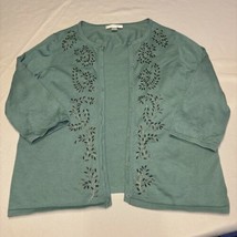 Christopher &amp; Banks Women Cardigan Sweater Size L Teal w Vines Sequins Buttons - £10.04 GBP