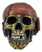 Tribal Gold Tattoo Pirate Skull With Red Bandana Statue Halloween Decor - £25.85 GBP