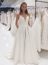 Deep V Neck White A-line Satin Prom Dress Spaghetti Straps Women Evening... - $109.00
