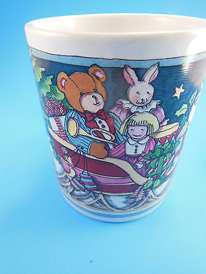 Beautiful Susan Winget Art Mug cup w Christmas Toys and Sleigh cat teddy... - $6.23