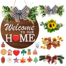 Interchangeable Welcome Sign For Front Door With 4 Seasonal Wreaths And 14 Chang - £31.96 GBP