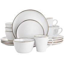 Elama Arthur 16 pc Stoneware Dinnerware Set in Matte White w Gold Rim - £57.99 GBP