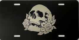 NEW Skull &amp; Roses Logo Laser Engraved License Plate Car Tag Gift Flat Black - £17.94 GBP