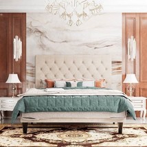 King Size Beige Linen Upholstered Platform Bed with Button-Tufted Headboard - $9,151.02 MXN