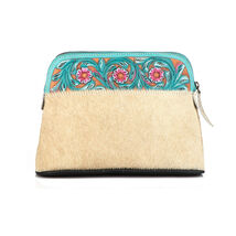 Women Printed Hair-on Floral Tooled Leather Zippered Makeup Cosmetic Bag - $29.99