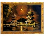 Vtg Enmarcado Negro Terciopelo Pintura Asiático Pagoda Sunset Lagoon Escena - $96.19
